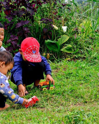 Kinderen spelen op een lichtkleurig houten speeltoestel in een groene tuin