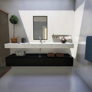 Moderne wandpanelen in een witte badkamer met douche en natuurlijk licht