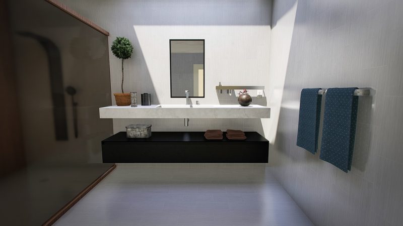 Moderne wandpanelen in een witte badkamer met douche en natuurlijk licht